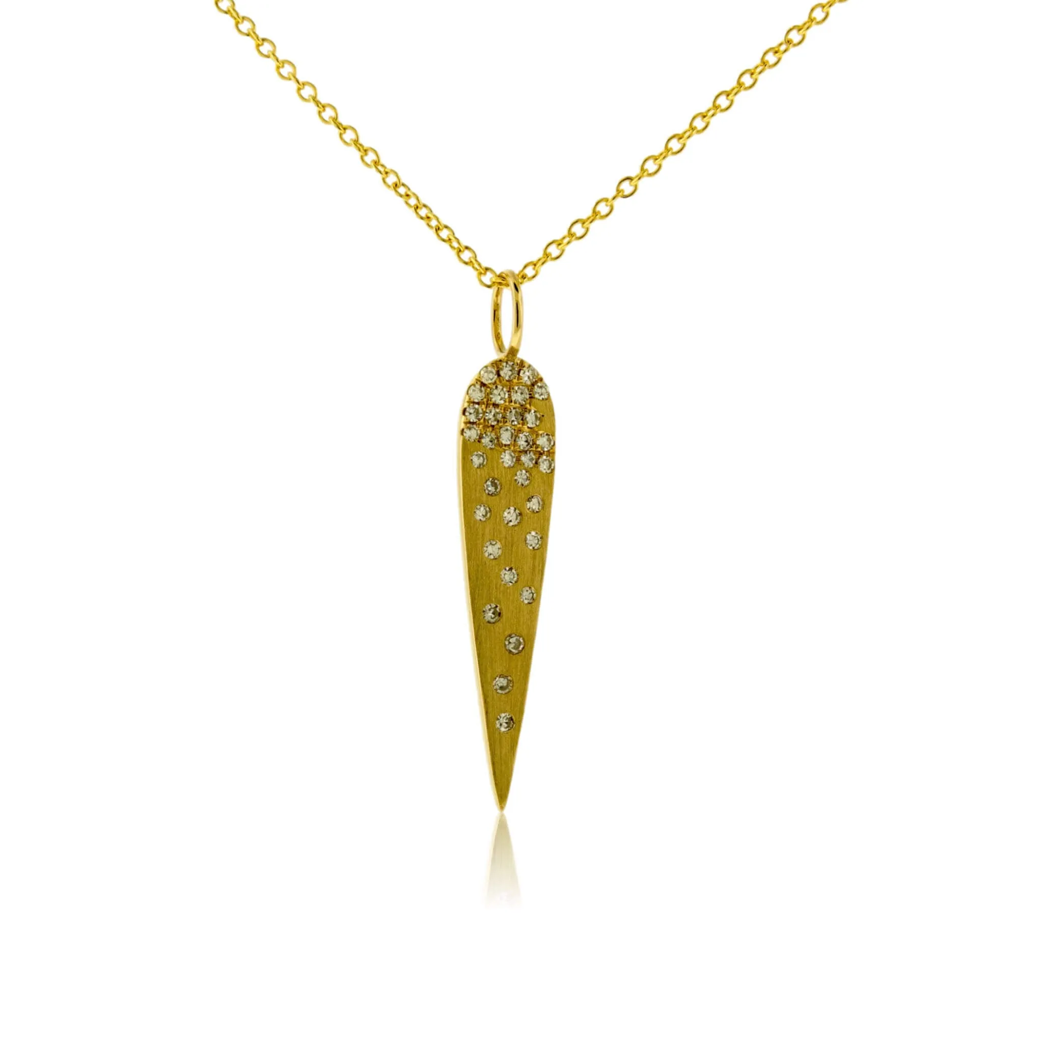 Yellow Gold Satin Finish Flush Set Diamond Vertical Pear Necklace